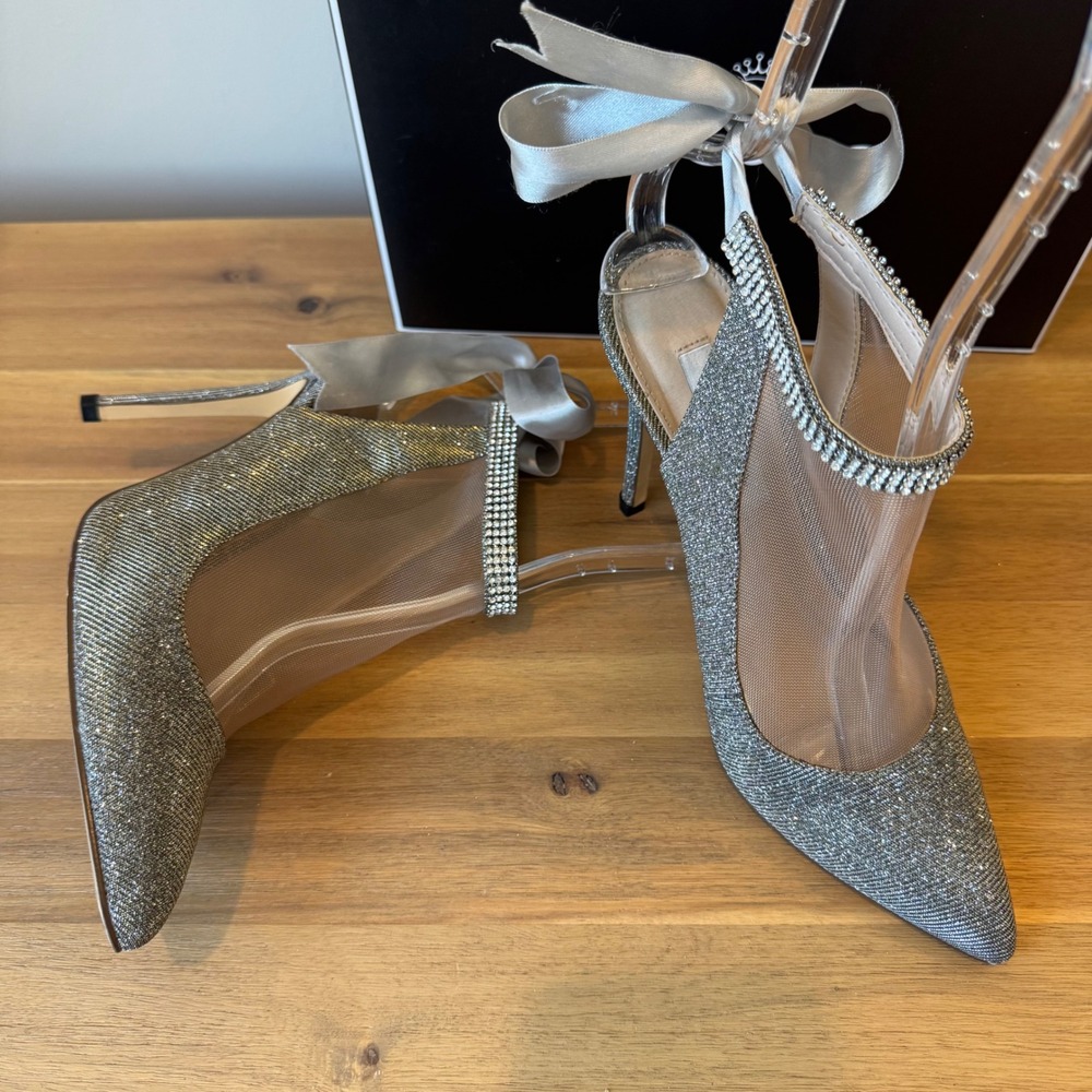 Nina Women 8.5 EU 39 Silver Glitter Mesh Rhinestone Ankle Strap Ribbon Tie Heels